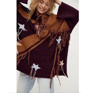 Free People Falling Star Fringe Poncho Sweater Maroon Metallic Boho Oversize M/L
